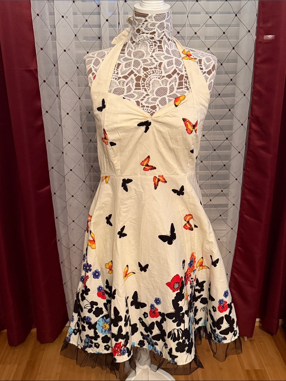Cream Butterfly Halter OTEN Sundress with Floral Border (150)